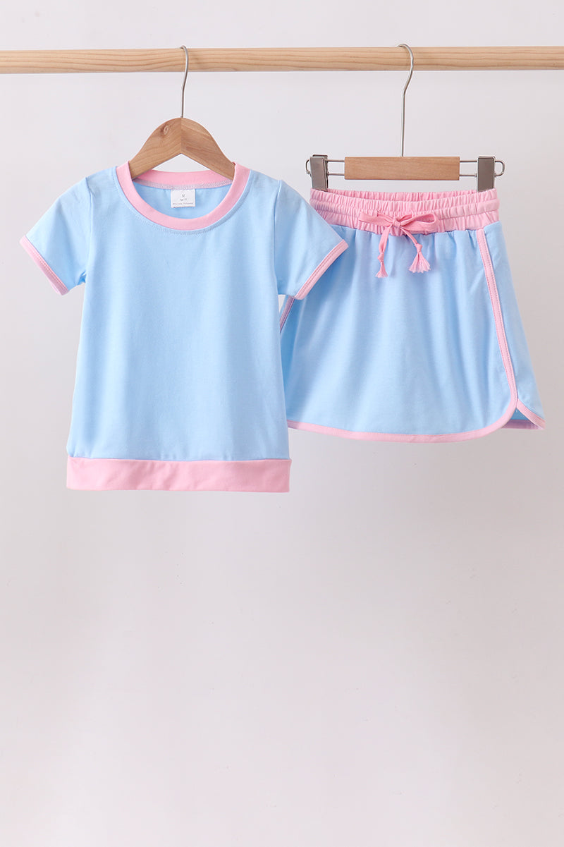 Blue pink color blocked active skorts set