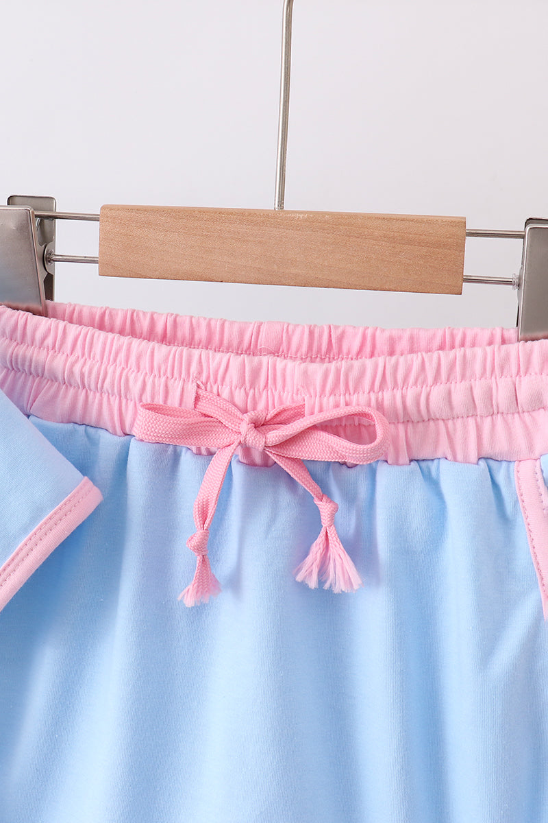 Blue pink color blocked active skorts set