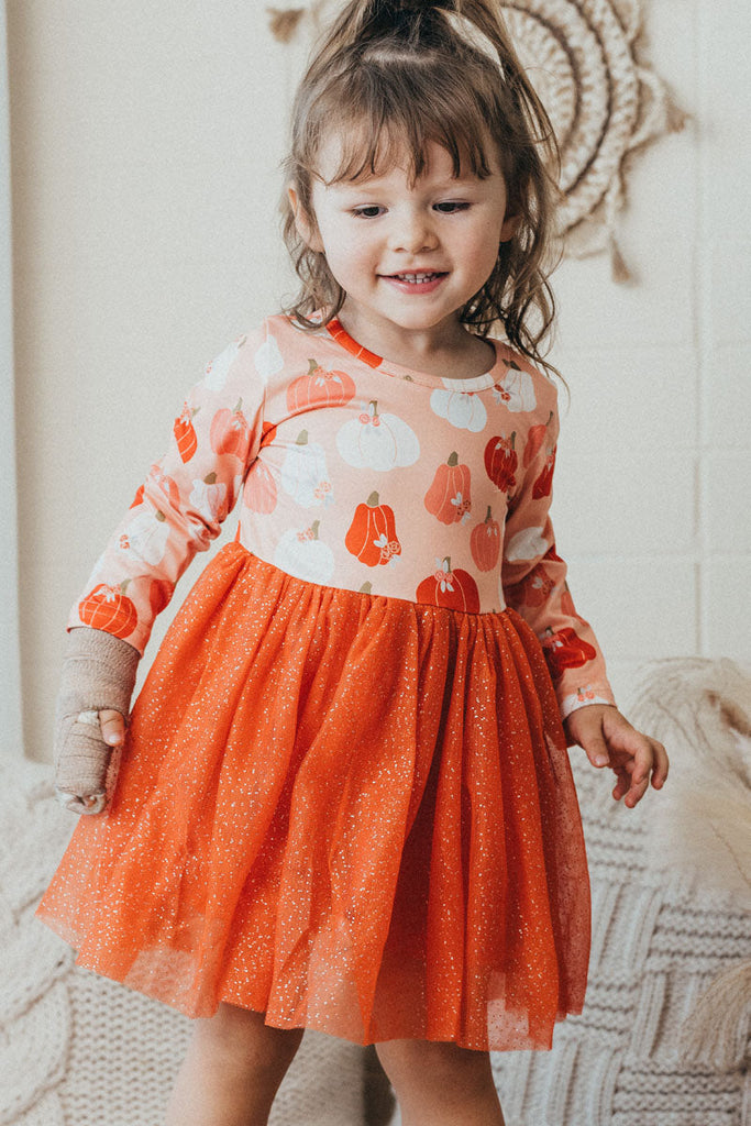 Rust pumpkin print girl tutu dress