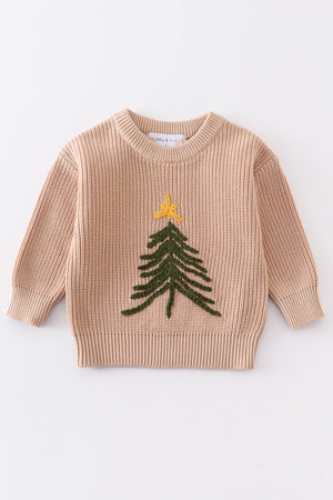 Beige christmas tree hand-embroidery pullover sweater
