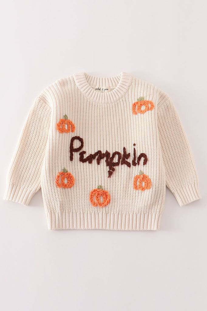 Beige hand-embroidery pumpkin pullover sweater – HoneyBean