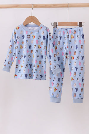 Premium blue character print bamboo pants set