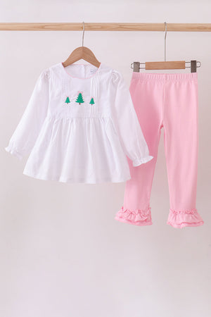 Premium white christmas tree embroidery ruffle pants set
