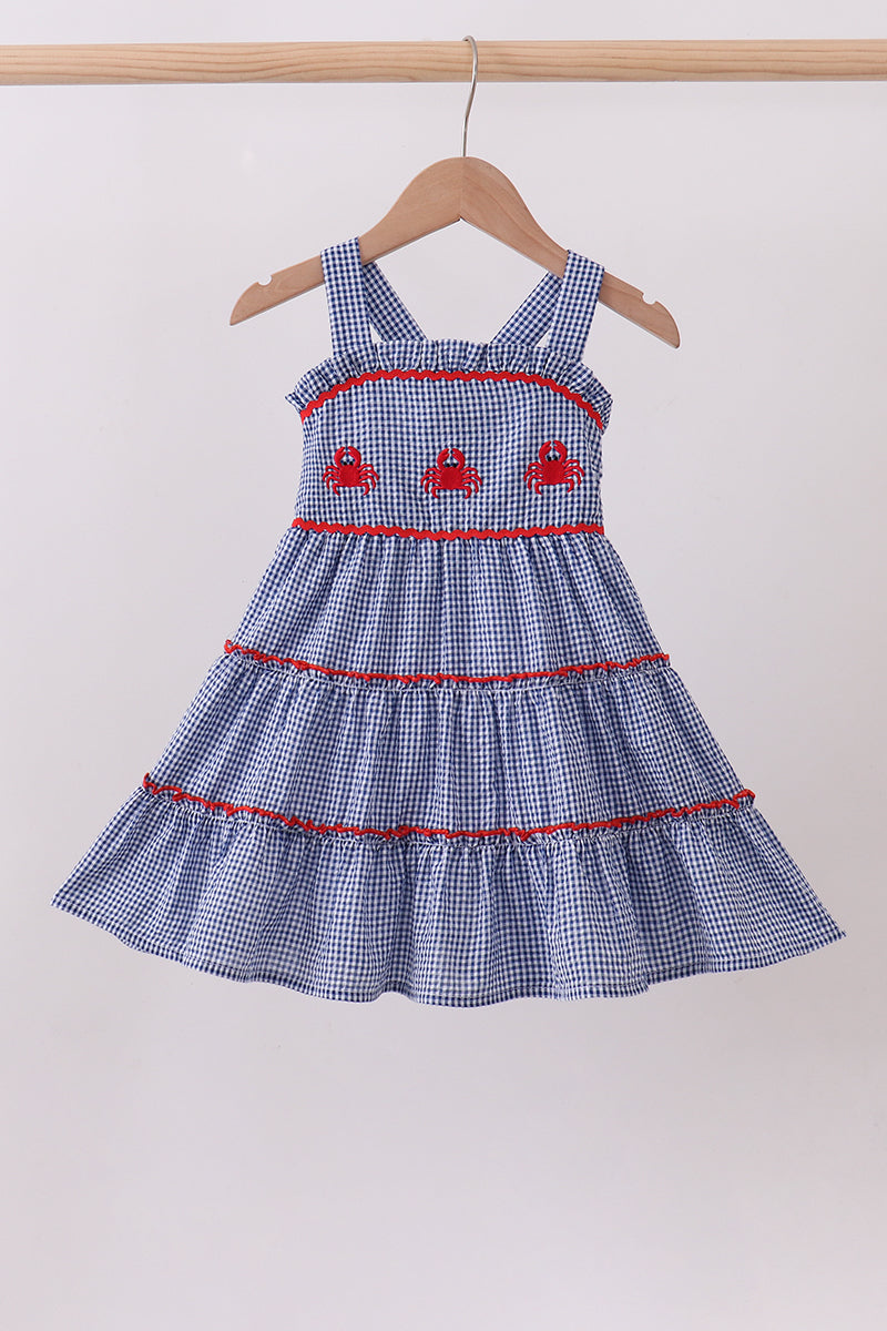 Blue crab embroidery gingham tiered dress