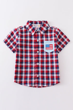 Premium Plaid patriotic flag button down boy shirt