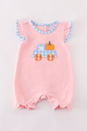 Pink truck pumpkin embroidery girl romper