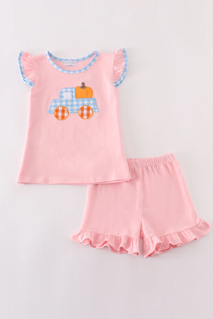 Pink truck pumpkin embroidery girl set