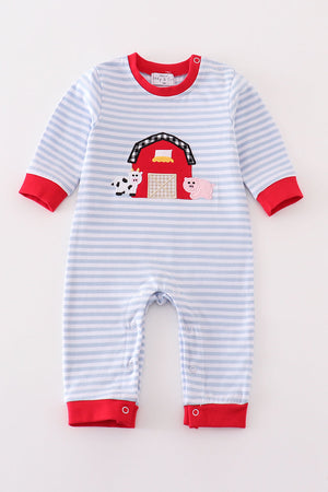 Premium red stripe farm applique boy romper