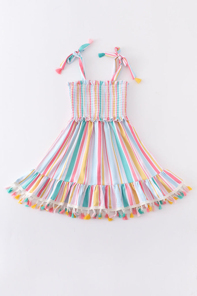 Multicolored stripe tassel smocked dress