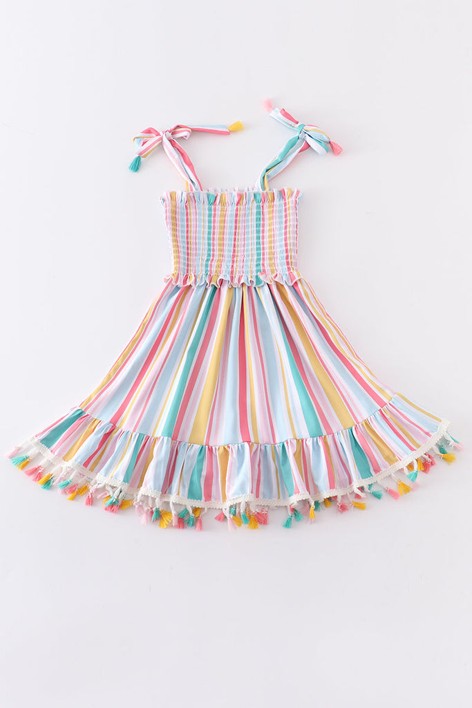 Multicolored stripe tassel smocked dress