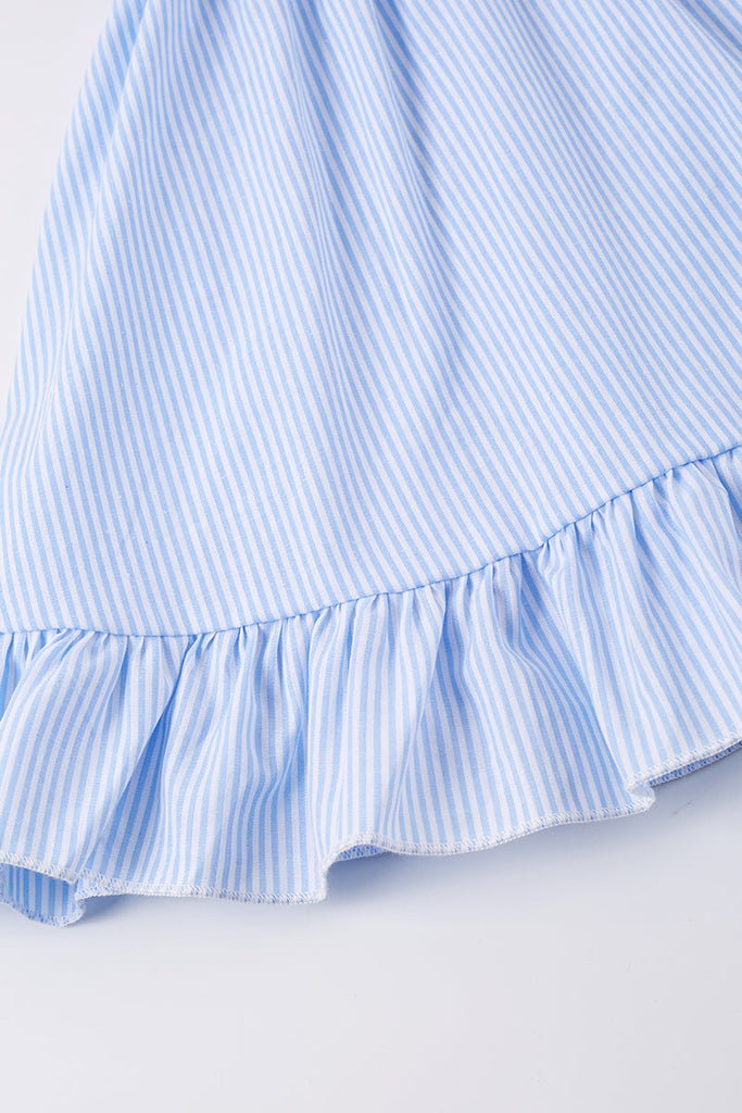 Blue stripe pom pom ruffle dress
