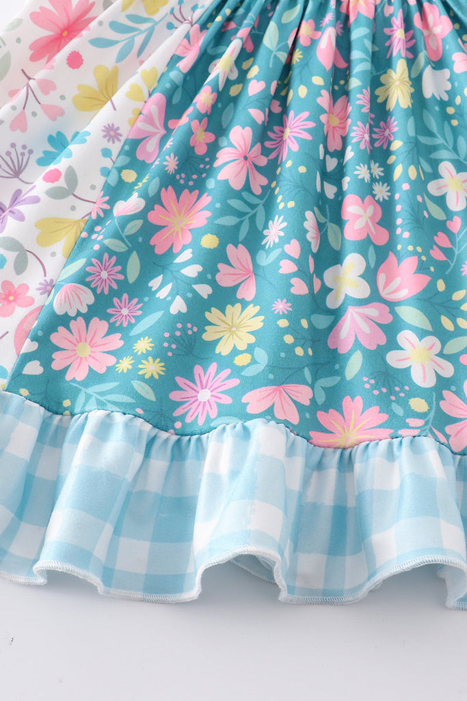 Blue plaid floral print ruffle dress