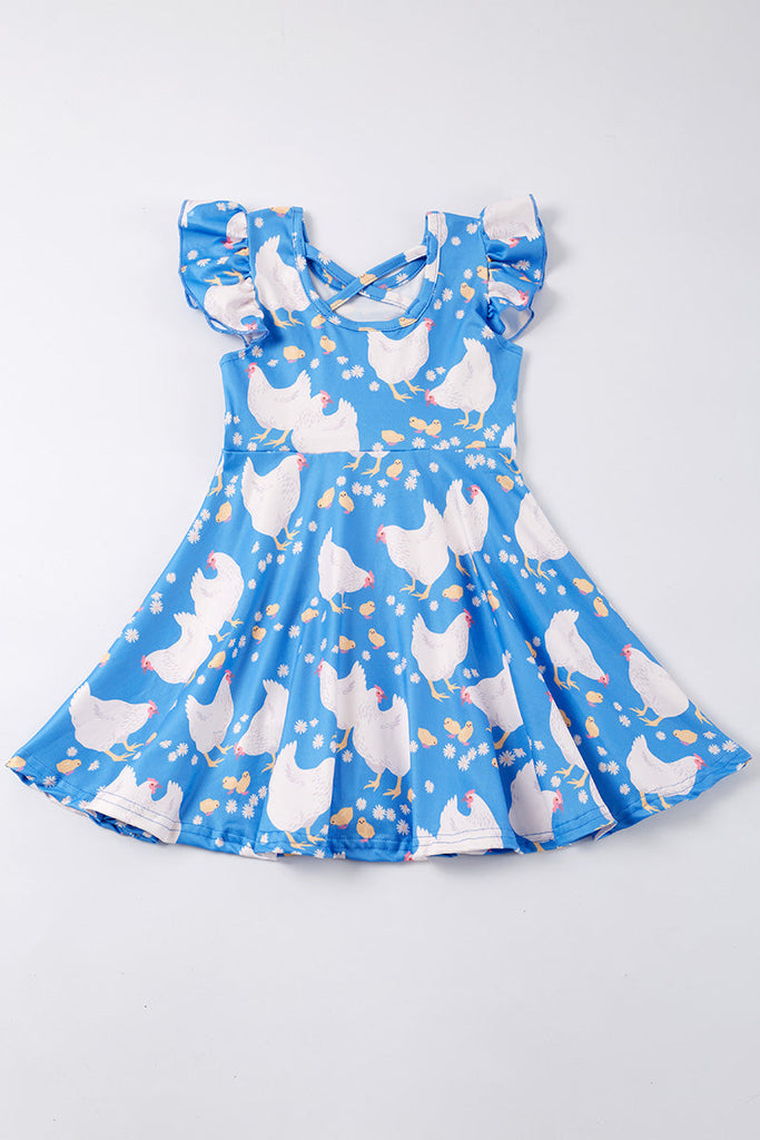 Blue hen print ruffle girl dress