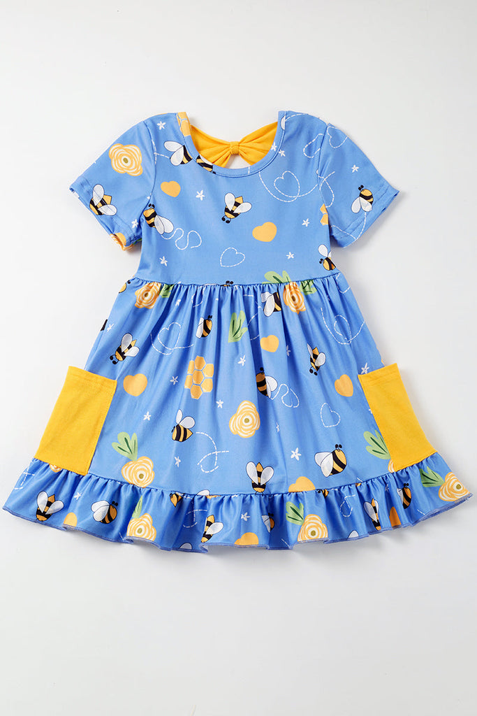 Blue bee print ruffle pocket dress