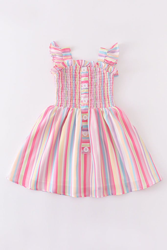 Pink stripe smocked ruffle dress