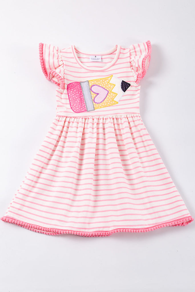 Pink ruffle stripe pencil applique dress
