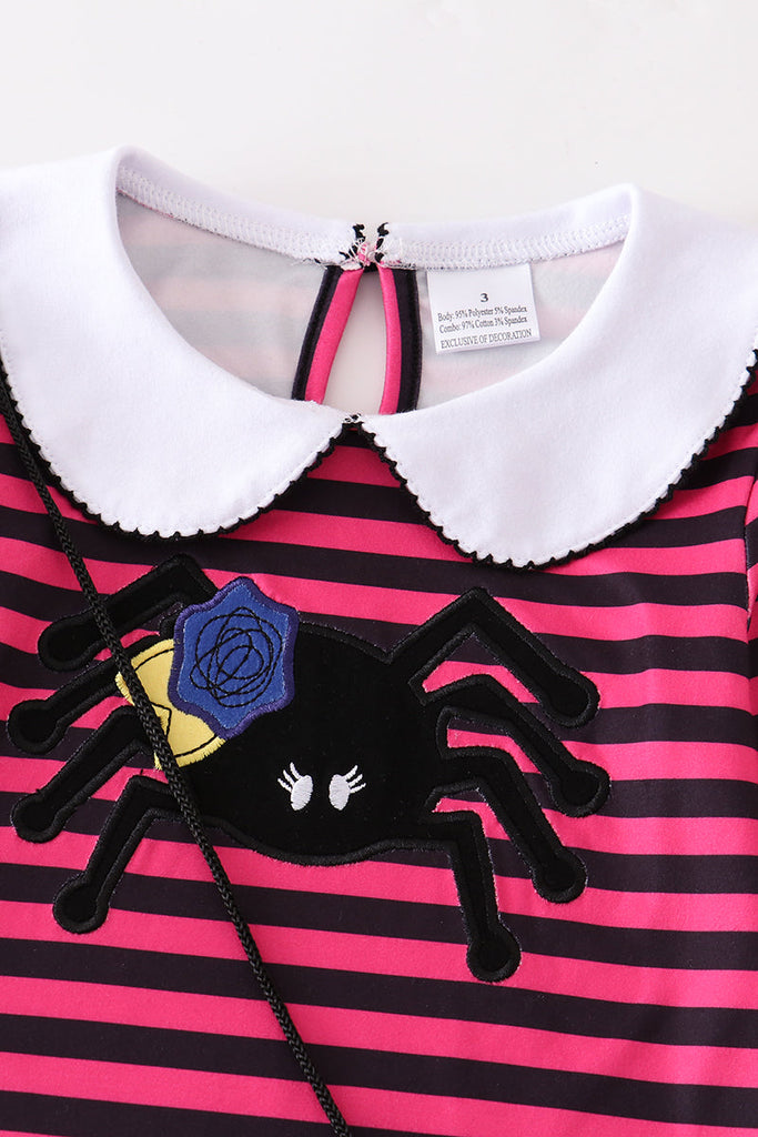 Stripe spider applique 3pc girl dress socks bag set