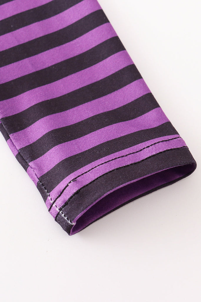 Purple stripe cat applique 3pc girl dress socks bag set