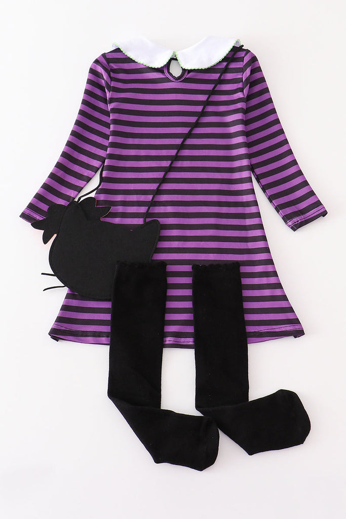 Purple stripe cat applique 3pc girl dress socks bag set
