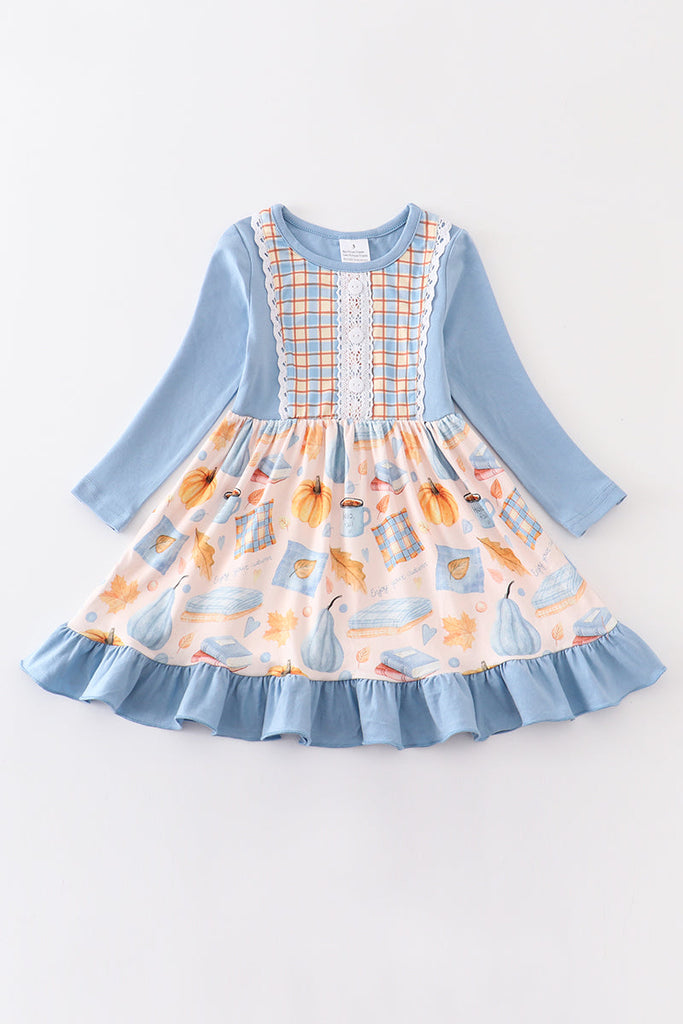 Blue plaid pumpkin print ruffle dress