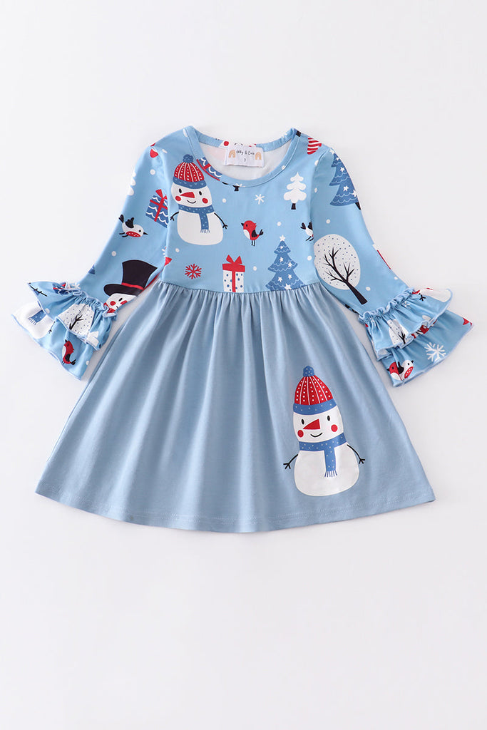 Blue christmas snowman applique ruffle dress