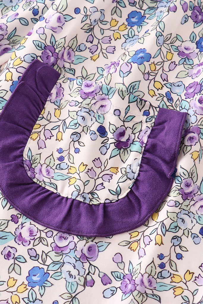 Purple floral print pocket ruffle dress