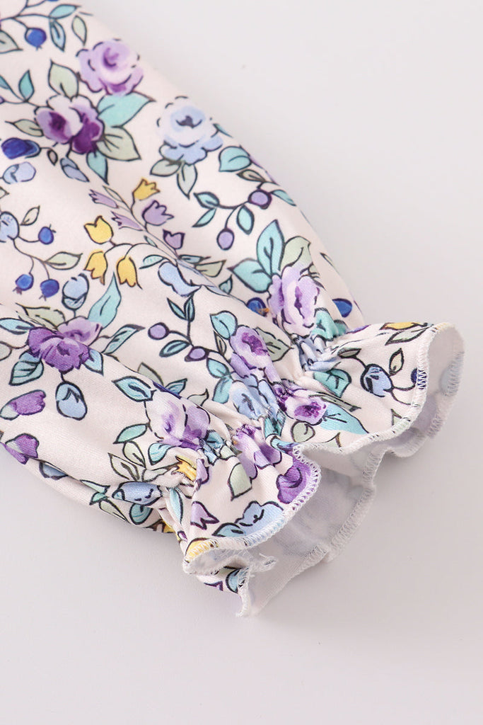 Purple floral print pocket ruffle dress