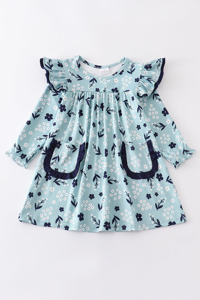 Blue floral print ruffle pocket dress