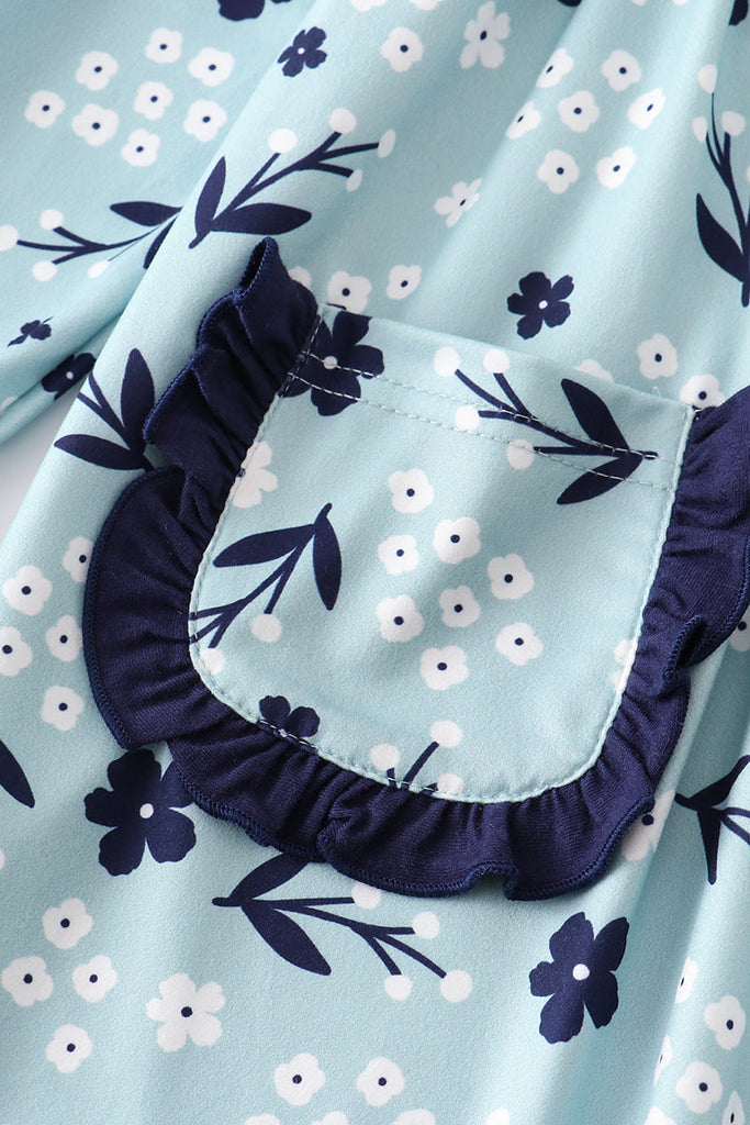 Blue floral print ruffle pocket dress