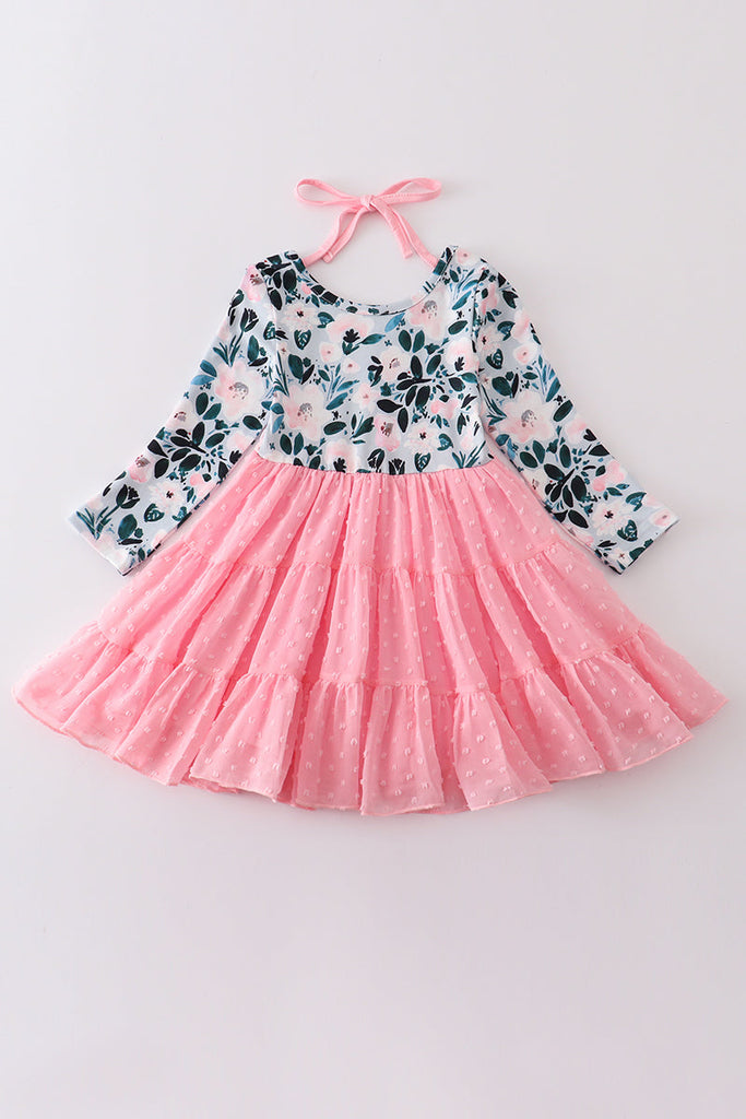 Pink floral print tiered dress