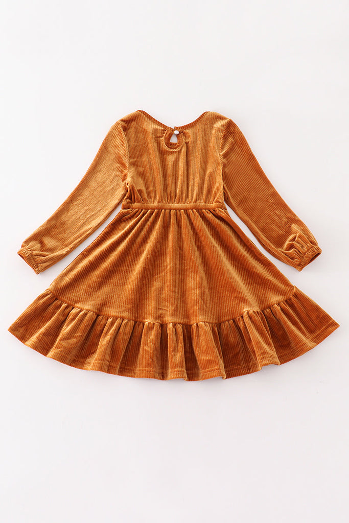 Brown corduroy ruffle dress