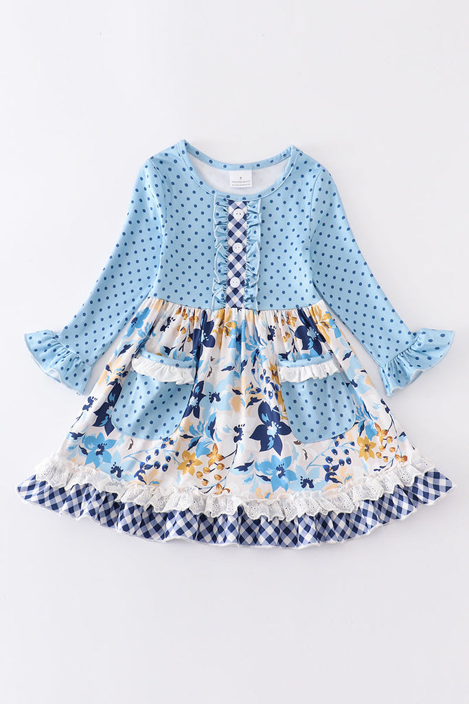 Blue floral print ruffle girl dress