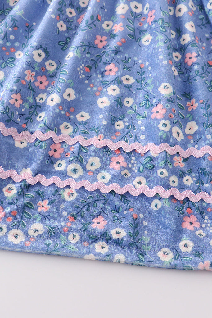Blue floral print velvet dress