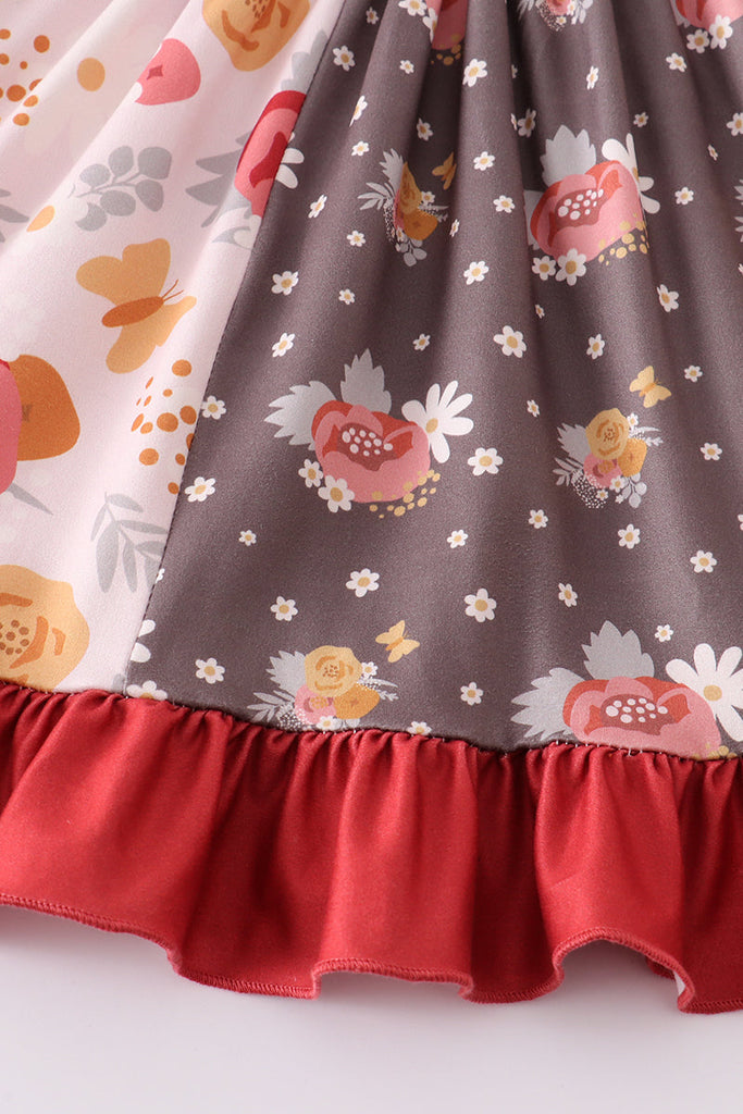 Brown plaid floral print ruffle dress