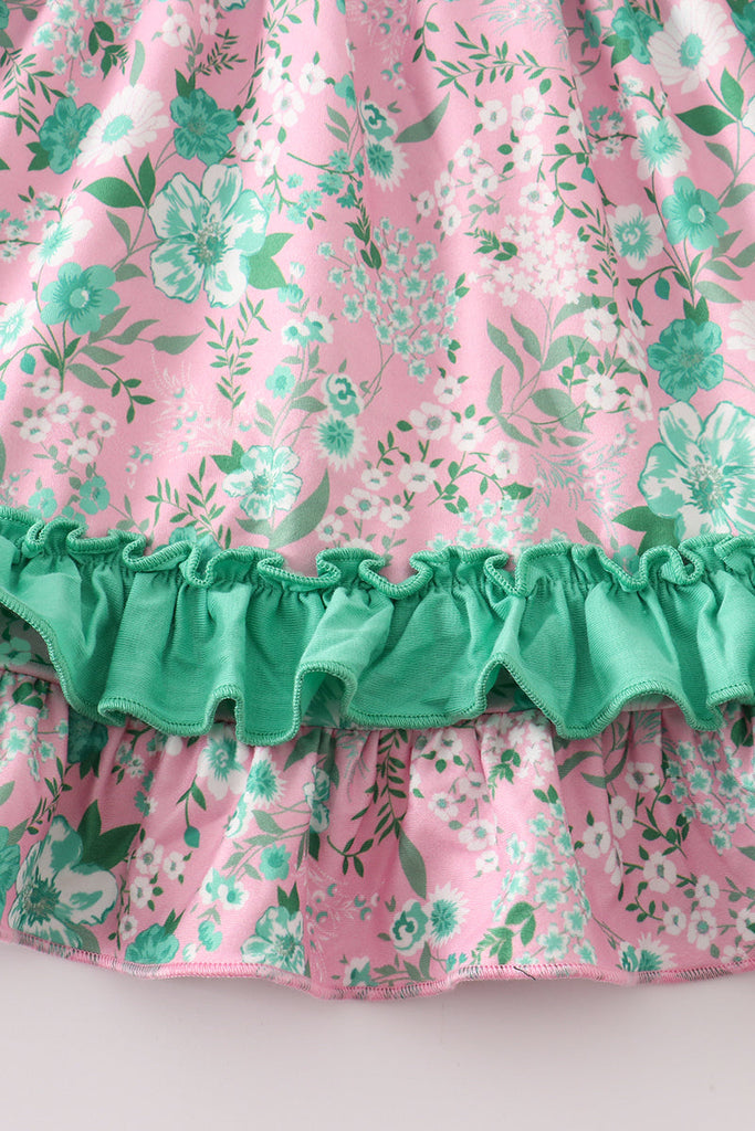 Green farm life floral print ruffle dress