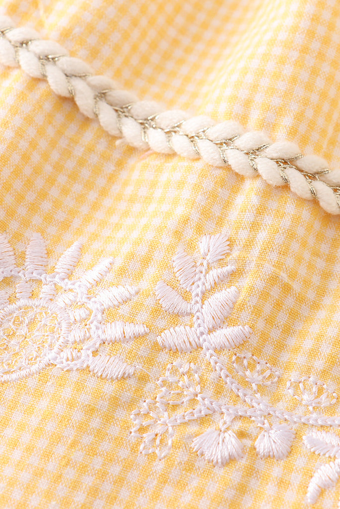 Yellow plaid floral embroidery ruffle dress