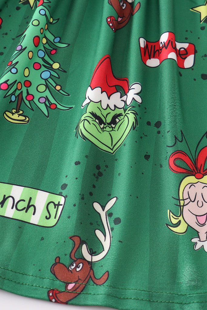 Green christmas grinch print girl dress
