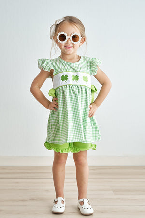 Green clovers embroidery plaid girl set