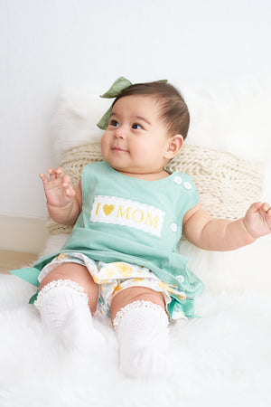 Sage floral print I love mom embroidery baby set