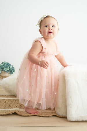 Pink strap daisy embroidery tulle dress