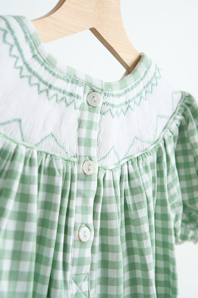 green gingham smocked dress Green Gingham Smocked Shoulder Tie Midi Dress