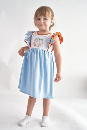 Blue pumpkin embroidery ruffle dress