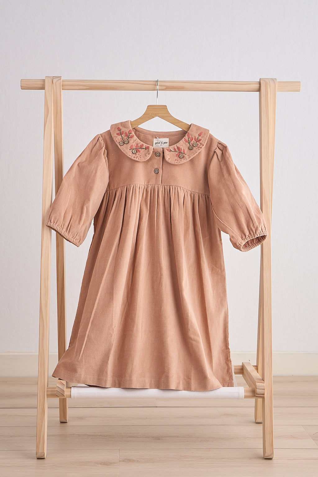 Beige floral embroidery velveteen girl dress 5