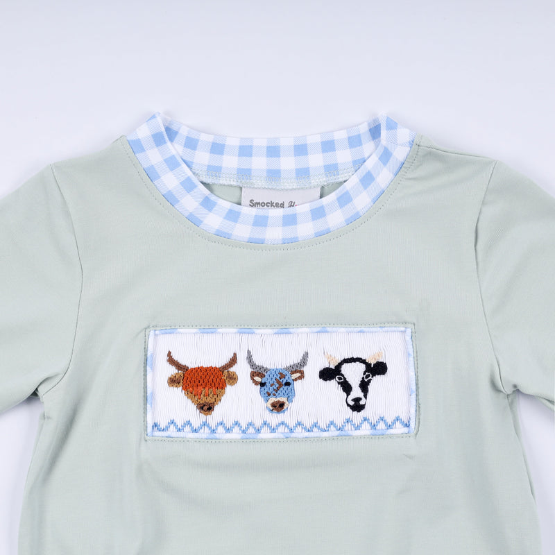 Sage cow hand smocked bubble