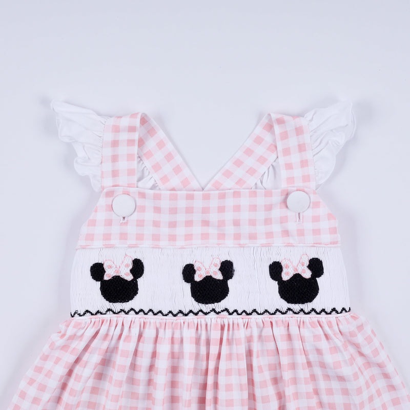 Pink character hand smocked gingham ruffle dress