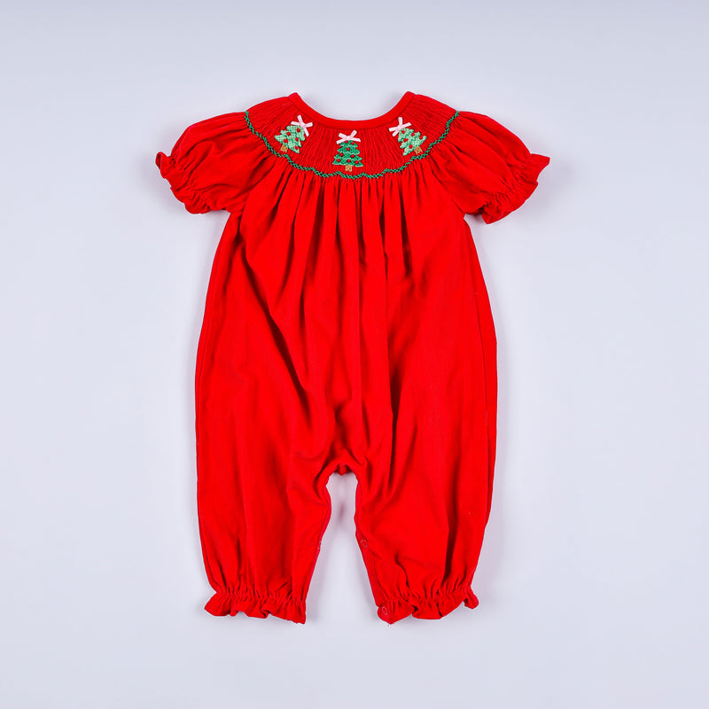 Red christmas tree hand smocked romper