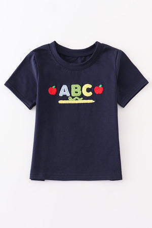 Navy french knot ABC apple pencil boy top