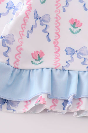Blue floral bow rashguard 2pc swimsuit UPF50+