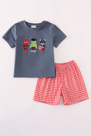 Navy character embroidery shorts set
