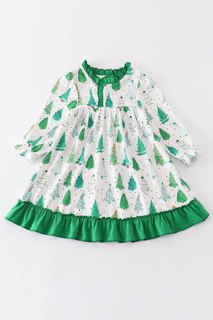 Green christmas tree print ruffle pajamas dress